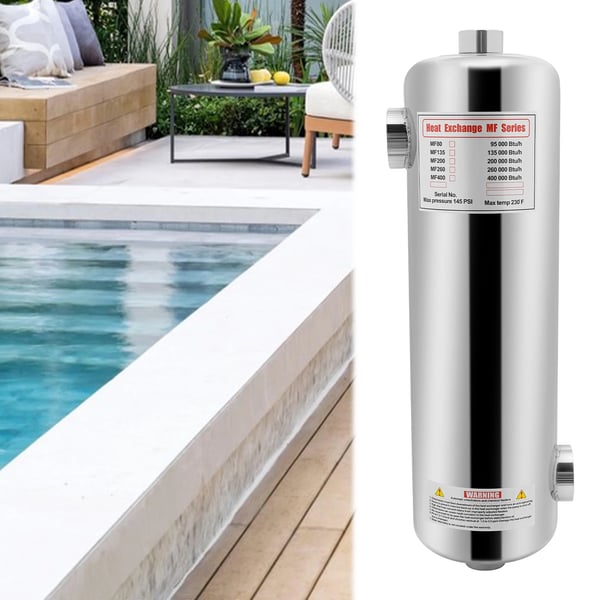 Svømmebadsvarmer, 60 KW effekt, 250 L/min svømmebadsvandstrøm, 30 L/min varmtvandsstrøm, maks. tryk 145 PSI, maks. temperatur 110℃ / 230 °F