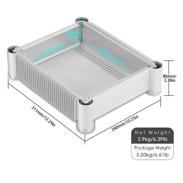 Forstærkerchassis, Aluminiumlegering, 260mm x 311mm x 86mm, Indvendige dimensioner 212mm x 269mm x 62mm, Nettovægt 2,9kg, CE-certificeret