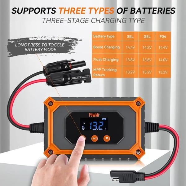 MPPT Solarlader Controller, 15A Maksimal Strøm, 12V/24V Indgangsspænding, 180W/360W PV Indgangseffekt, 30V/60V Udgansspænding, 98% Effektivitet