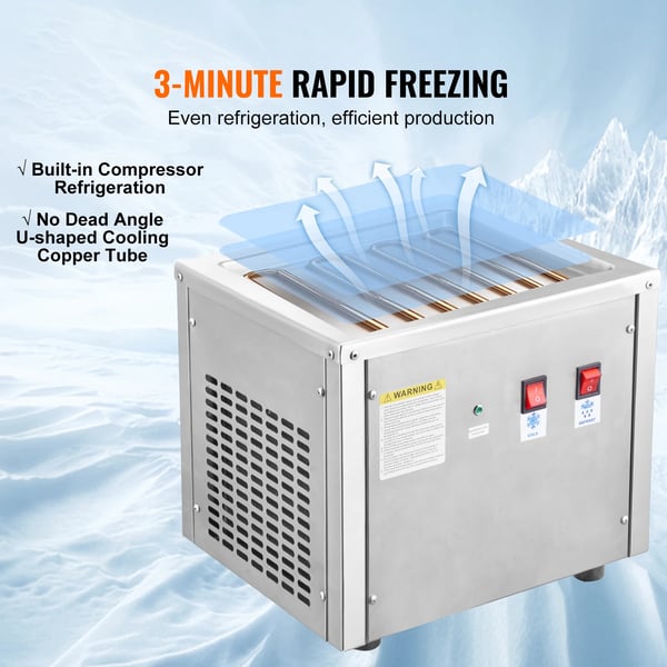 Stegt Iscreme Rullemaskine, Effekt 500W, Producerer 8kg/min, Pande Størrelse 280x240x20mm, Rustfrit Stål Konstruktion, Drifts Temperatur 5-38℃