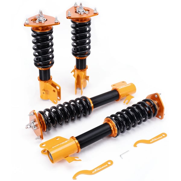 Coiloverit, Säädettävä Korkeus 1"-3", Iskunvaimennus 24 Tasoa, Jousikovaus Etu 9 kg/mm, Jousikovaus Taka 7 kg/mm, Iskunvaimennustyyppi Kaksiputkinen