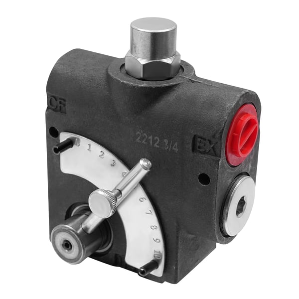 Hydraulinen virtauksensäädin, säädettävä virtauksen säätöalue, varoventtiilin asetusväli, maksimi käyttöpaine 3000 PSI, musta