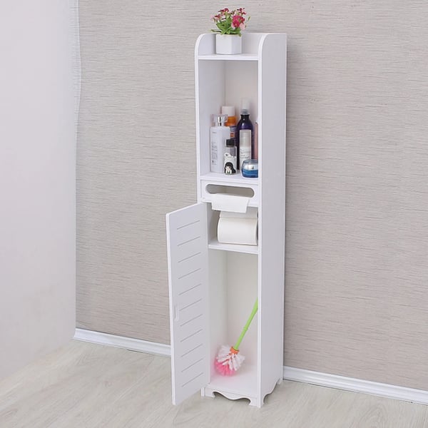 Kylpyhuoneen sivukaappi, MDF-materiaali, 60 cm korkeus, Useita hyllyjä, Paperiteline, Kokoaminen vaaditaan