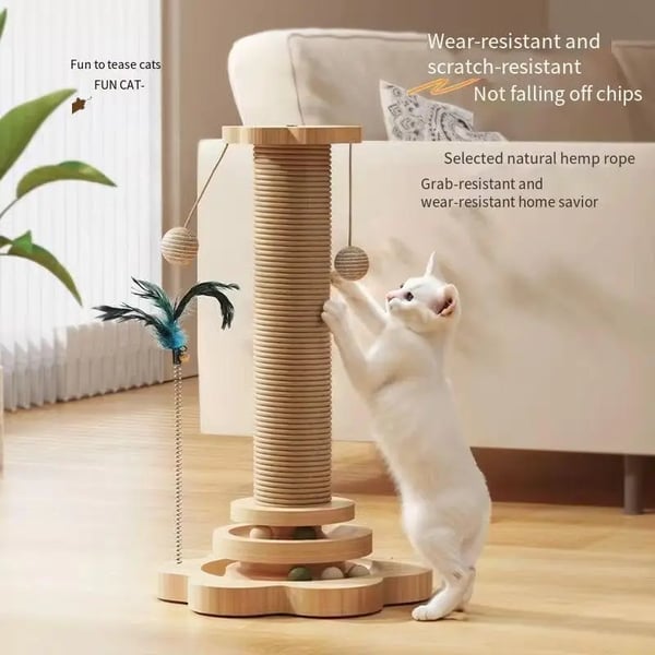 Kattens Kradsepost, 46 cm Høj, Tre-Lags, Holdbart Fyrretræ, Interaktive Sporbolde, Pladsbesparende