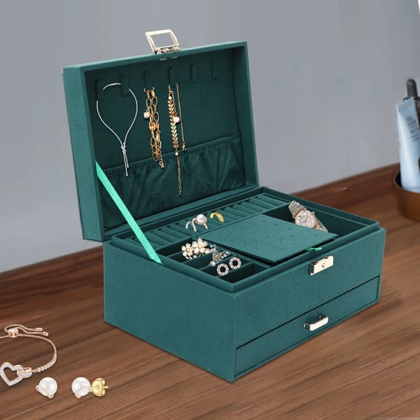 Smykkeskrin, Tre-lags design, Låsbart organizer,grøn