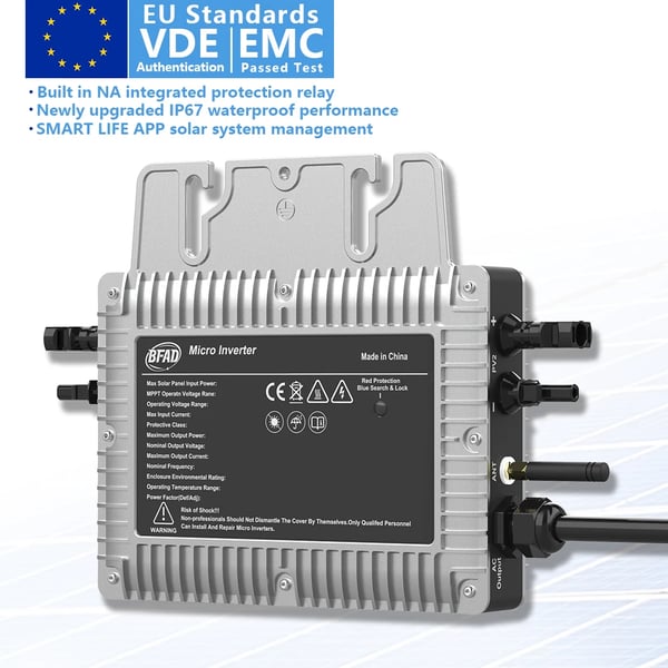 Mikroinverter, nettilslutningskompatibilitet, smart teknologi aktiveret,220-240Vac, 22-60V, SMI-800 EU Ledning