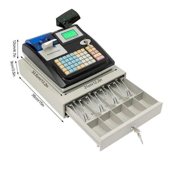 Elektronisk kasseapparat, 48-tast layout, 1,5 m strømkabel, holdbart plastudvendig, nødswitch, skridsikre fødder