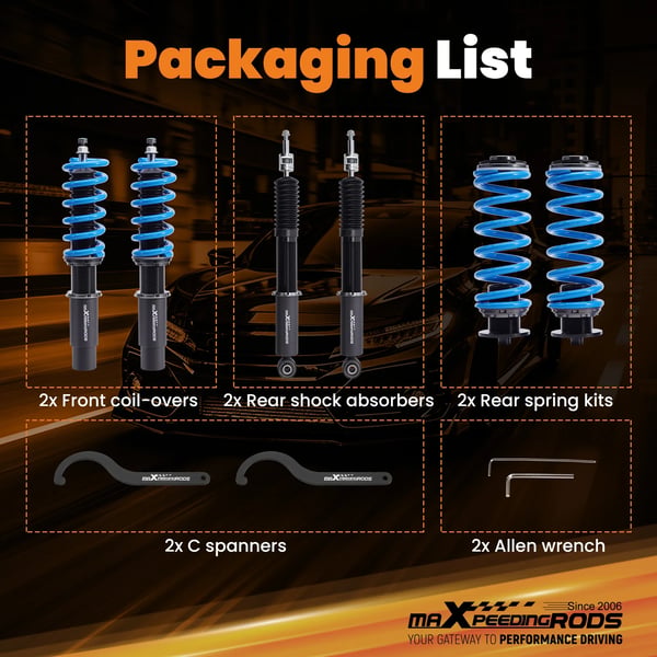 Coilover affjedringskit, 55CrSi stål fjedre, højdejustering 1"-3", 24 klik rebound justering, høj viskositets dæmpningsolie