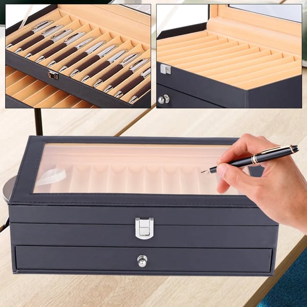 Pen Opbevaringsetui, PU Læder og Flannel, 30,5 cm Længde, 20 cm Bredde, 9,5 cm Højde, Plads til 24 Penne