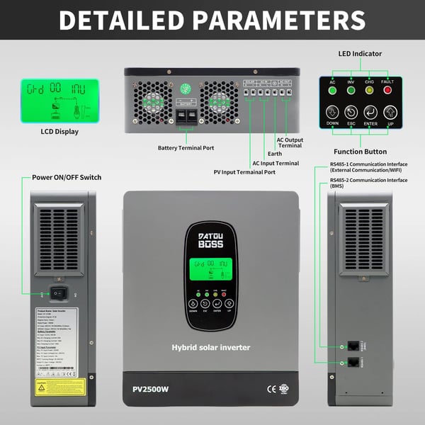 Solhybridomvandlare, 1800W effektutgång, inbyggd MPPT-kontroller,12V, DT-1218M-A-EU, 220-240V