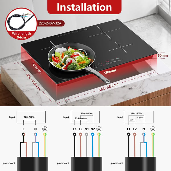 Induktionskogeplade, 6000 W, 4 Kogezoner, Berøringskontrol,EU