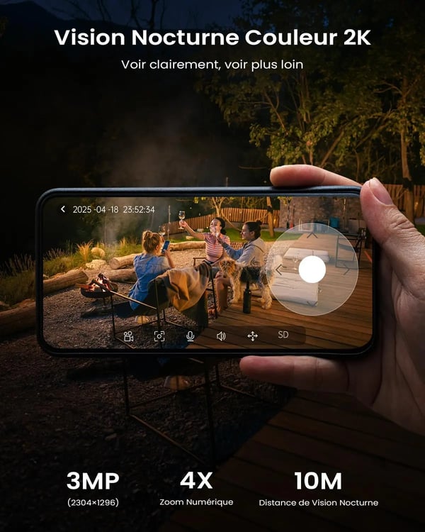 Udendørs WiFi Overvågningskamera, 3 MP Opløsning, 360° Synsvinkel, 4x Digital Zoom, Genopladeligt Batteri, Farve Natvision