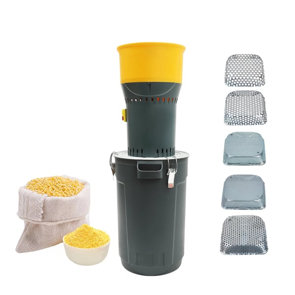 Elektrisk kornmølle, 1000W effekt, 25L cylindervolumen, 19000 o/min nominelt hastighed, EU-standard stik, dimensioner 25,5 x 25,5 x 84,5 cm