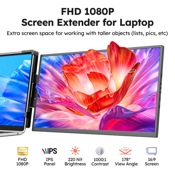 Bærbar Skærm, 15,6 tommer, FHD 1920 x 1080, IPS Panel, Kontrastforhold 1000:1, 60 Hz Opdateringsfrekvens