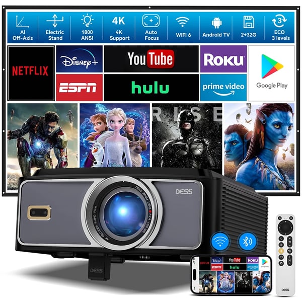 DESS 4K Video Projektor, 200 Tommer Projektion, 38000 Lumen Lysstyrke,sort, EU stik