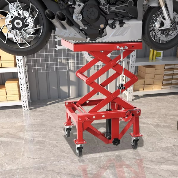 Motorcykel Lifter, Maksimal Løftehøjde 905 mm, Belastningskapacitet 158 kg, Solid Stål Konstruktion, 4 Ruller, Låsesystem til Hjul