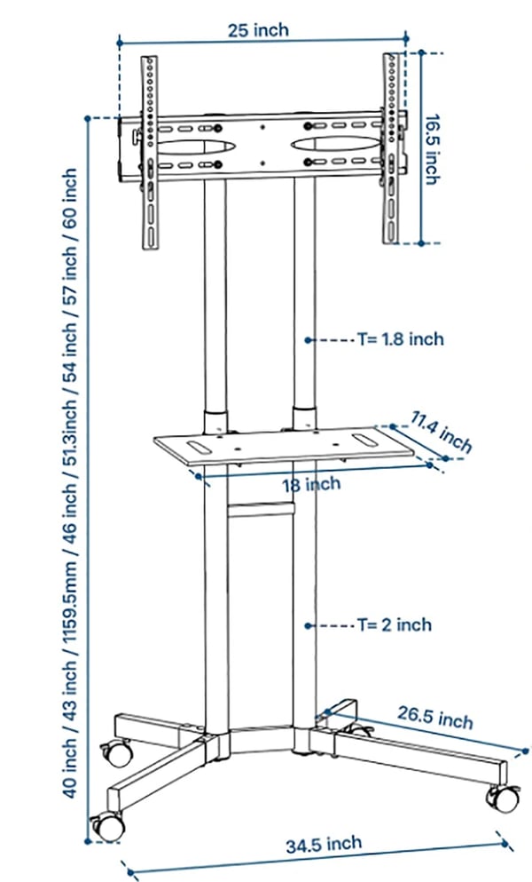 TV Stand Mount, Justerbar Højde 102cm-152cm, Max VESA 600x400mm, Max Belastning 45kgs, Til 32-70 tommer TV'er, Gulvinstallation