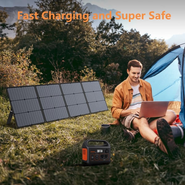 Solpanel, 220W maksimal effekt, 24% modul effektivitet, foldbart design, dimensioner 596 x 540 x 58 mm, vægt 5,85 kg