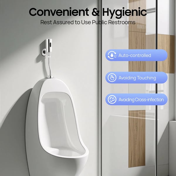 Automatisk Urinal Flush Ventil, Justerbar Induktionsafstand 55-65cm, Kobbermateriale, Strømforsyning 4 x AA Batterier, Statisk Strømforbrug 5UA