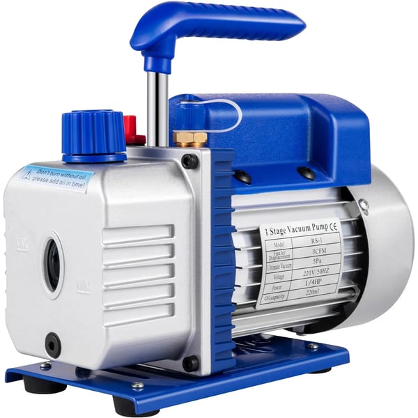 Køle-vakuumpumpe, displacement 3 CFM, rotationshastighed 1440 RPM, ultimativ vakuum 5 Pa, motoreffekt 1/4 HK, oliekapacitet 220 ml