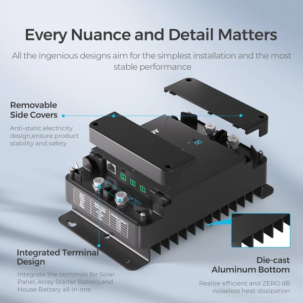 DC til DC Batterioplader, 12V, 50A Opladningsstrøm, MPPT Teknologi, Kompatibel med Gel- og Lithiumbatterier, Kompakte Dimensioner