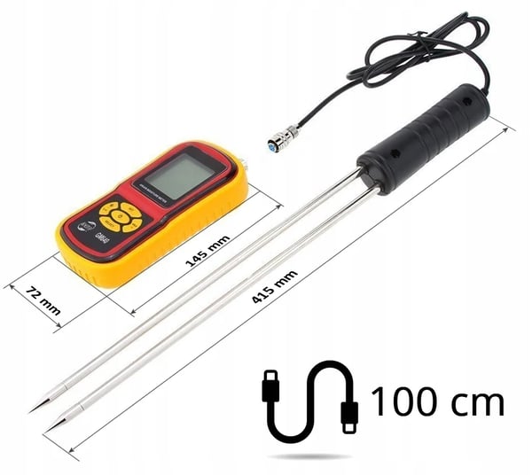 Kornfugtighedsmåler, Fugtighedsområde 5%-30%, Temperaturområde -10°C til 60°C, Digital LCD-skærm, 2-pins probe, Understøtter 8 kornsorter