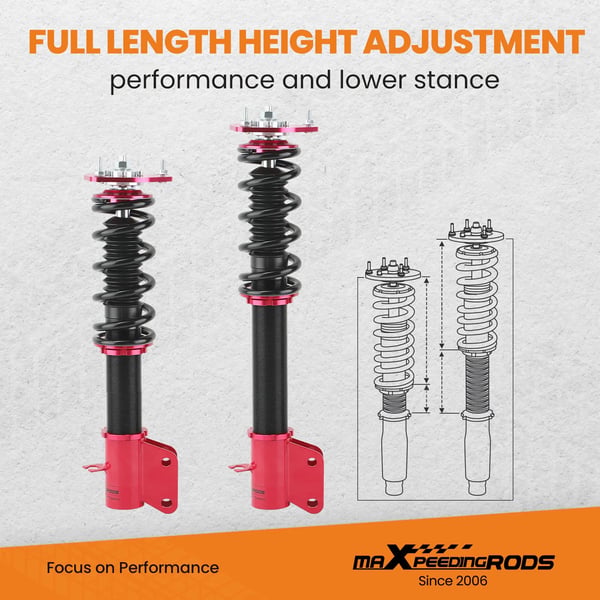 Coilover affjedringskit, justerbar højde 1" til 3", front coilover længde 410mm-500mm, bag coilover længde 600mm-670mm, fjederhastighed front 9kg/mm