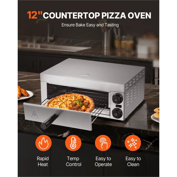 Elektrisk Pizzaovn, 1500W Effekt, Justerbar Temperatur 50°C til 350°C, Timer Op til 120 Minutter, Egnet til 12-Tommer Pizzaer, Dobbelt Varmerør