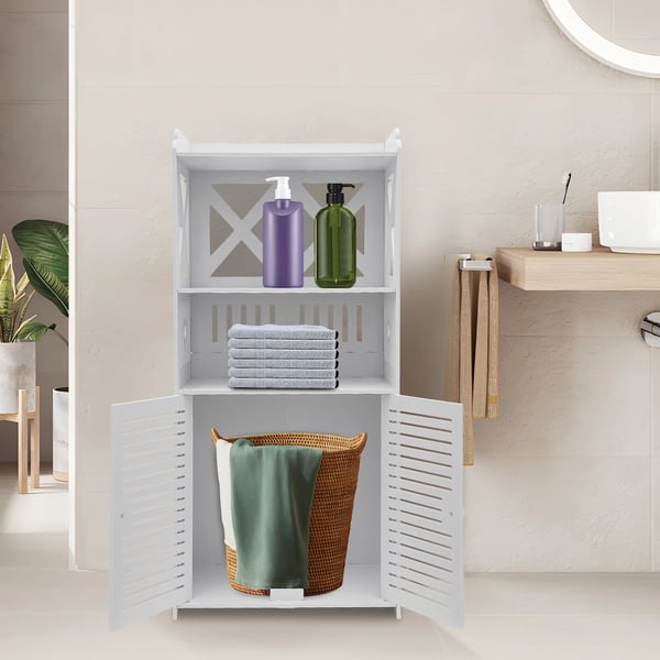Badeværelsesopbevaringsskab, PVC-materiale, 40 x 25 x 90 cm dimensioner, Tre niveauer, Belastningskapacitet 2,5-3 kg, Nettovægt 3,9 kg