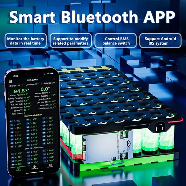 Batteristyringssystem, Aktiv Balance, Bluetooth Overvågning, 40A Opladningsstrøm,JK-BD4A8S4P