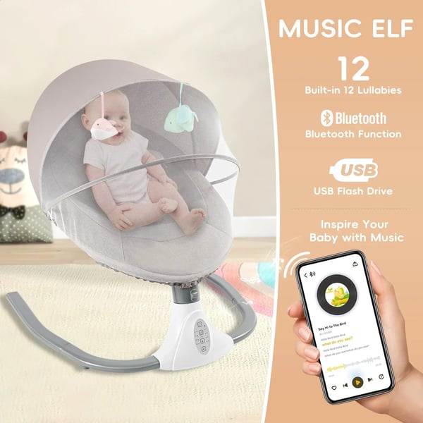 Vauvan keinutuoli, säädettävä nopeus, Bluetooth-yhteys,HARMAA