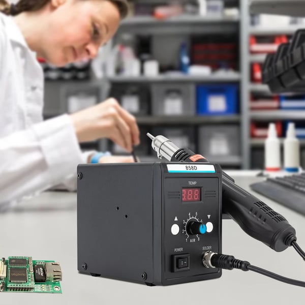 858D Varmluft Rework Station, Justerbar Temperaturinterval, LED Digital Skærm,220V, sort