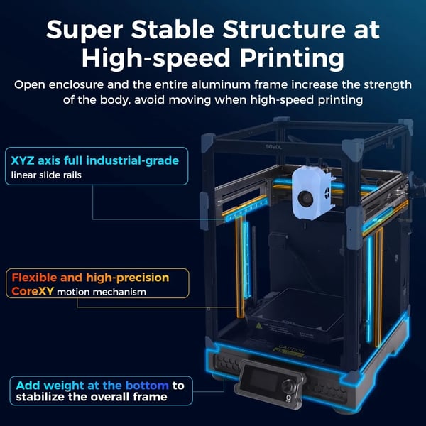 3D-printer, maksimal udskrivningshastighed 1200 mm/s, maksimal udskrivningsstørrelse 152,4 x 152,4 x 152,4 mm, automatisk nivellering