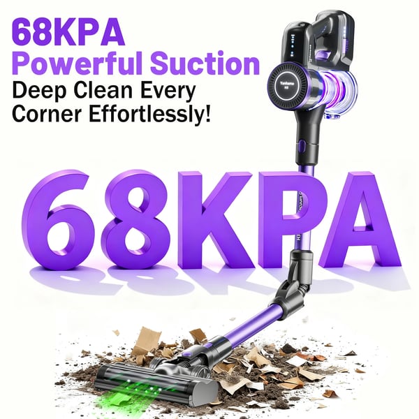 Trådløs Støvsuger, 68000 Pa Sugeevne, 630 W Effekt, 1.6 L Støvkapacitet, 60 Minutters Batterilevetid, HEPA Filter