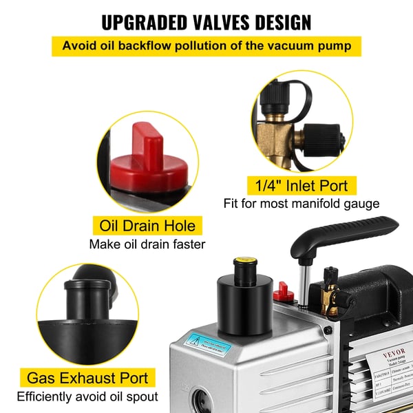 "Vakuumpumpe, 8 CFM flow rate, 1 HK effekt, 0,3 PA ultimativ vakuum, dual stage, kompatibel med 1/4"" flare"