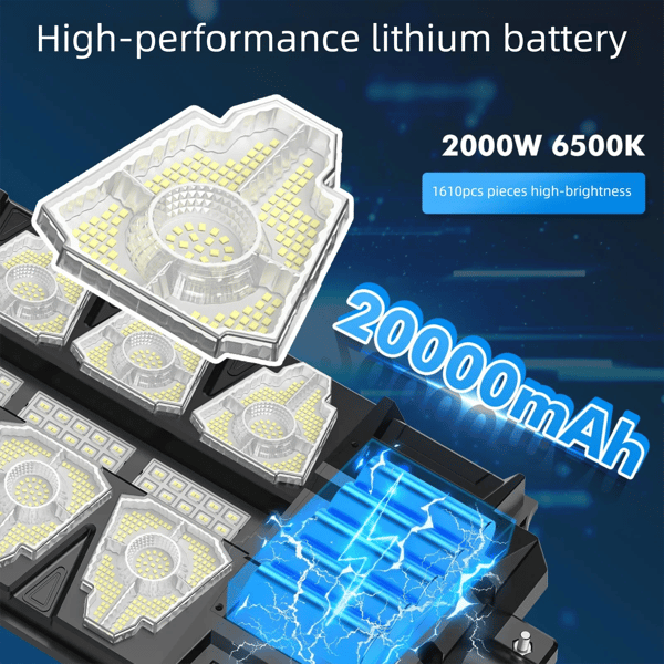 Solgadebelysning, 2000 Lumen, Dækningsområde 800-900 kvadratfod, Bevægelsessensor, Batteri inkluderet, CE-certificeret