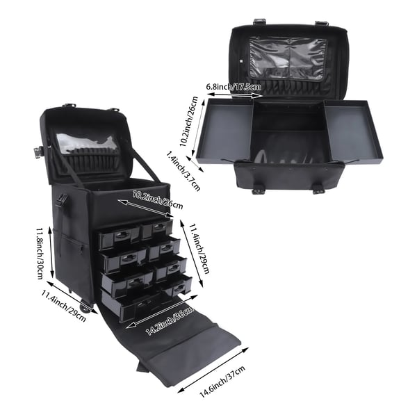 Skønhedsvogn, Oxford-stof, Dimensioner 15 x 10 x 6 tommer, Dimensioner 18 x 12 x 10 tommer, Otte skuffer, PVC børsteholder