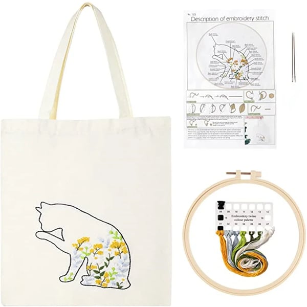 Canvas Tote Bag Broderi Sæt, 3 Pak, Bomulds Materiale, Taske Størrelse 34 x 40 cm, Ramme Størrelse 20 x 20 cm, Tegneserie/Plante Mønstre