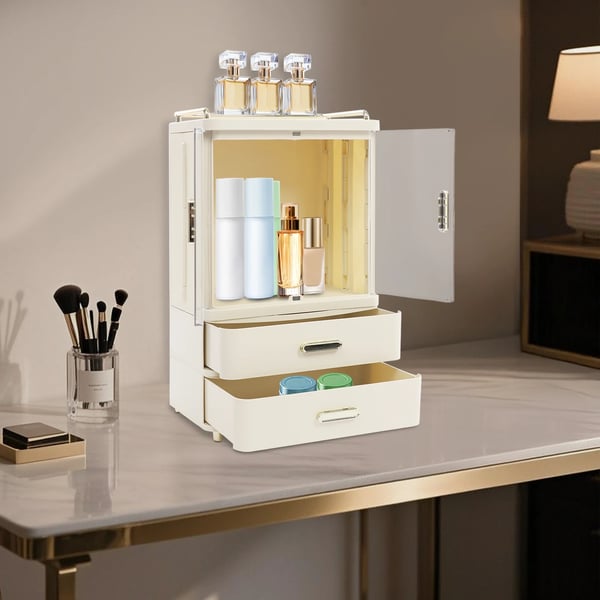 Makeup Organizer, 2 Skuffer, Klare Døre,Cremehvid