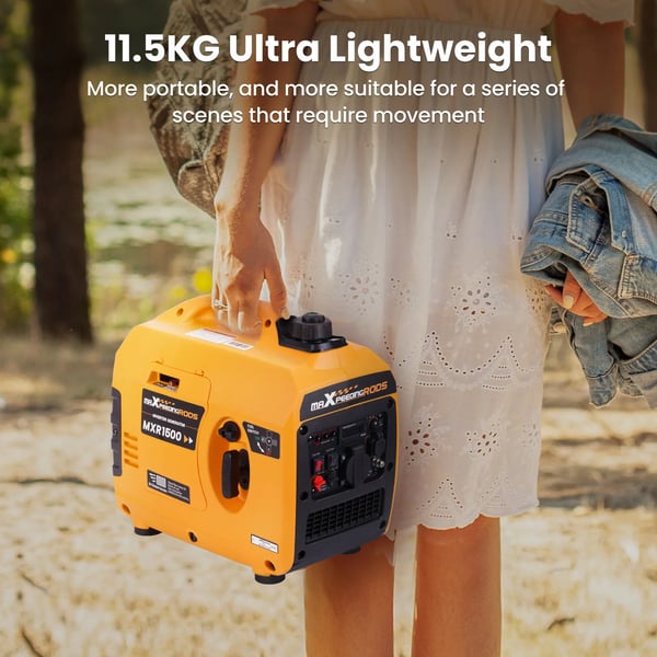 Invertergenerator, 1000W nominelt effekt, 1200W maksimal effekt, 42 x 24 x 40 cm dimensioner, 2,4 liter brændstoftankkapacitet, 58 dB lydniveau