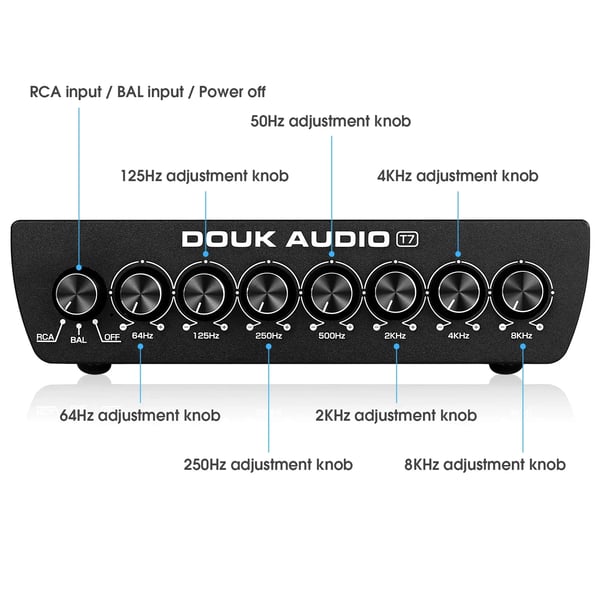 Equalizer, 7-bånds frekvenskontrol, balancerede XLR- og RCA-udgange, SNR ≥104dB, THD 0,003%, dimensioner 152mm x 126mm x 42mm