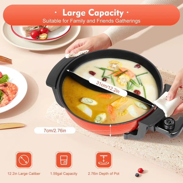 Elektrisk Hot Pot, Non-Stick Belægning, Dobbelt Kammer Design,Rød-Sort
