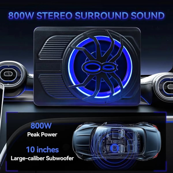 Bil Subwoofer Forstærker, 10 Tommer, 800W Effektudgang, Stereo Lydkodning, Blåt Lys, Spinder Design
