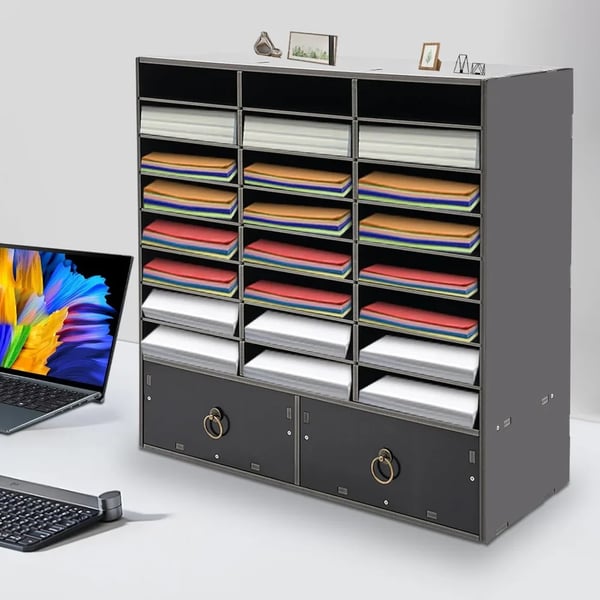 Litteraturorganisator, 24 rum, 2 skuffer, PVC-materiale, moderne design, dimensioner 71,5 x 30 x 70 cm