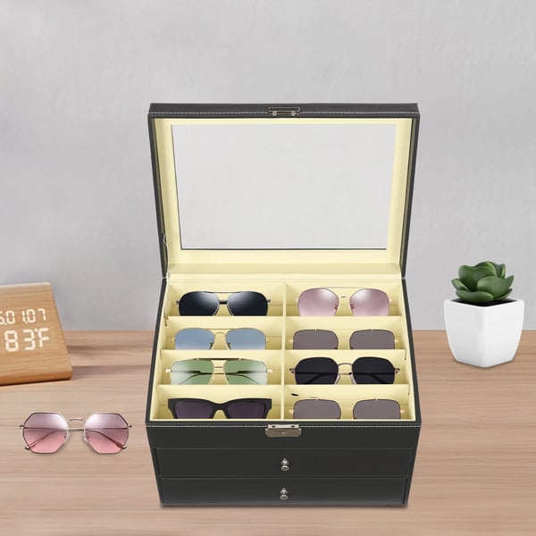 24 Stykker Solbrille Display Kasse, Tre-Niveau Design, Klar Glaslåg, Holdbare Materialer