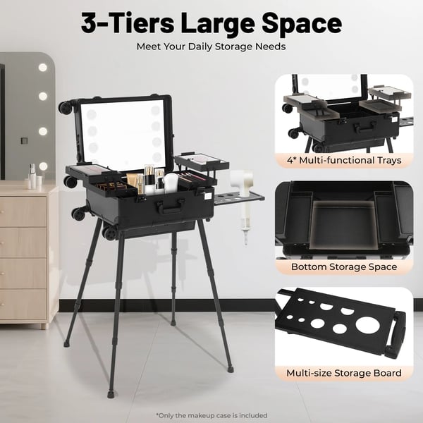 Makeup Case, 3-lags opbevaring, LED-spejl inkluderet,sort, 22 inches