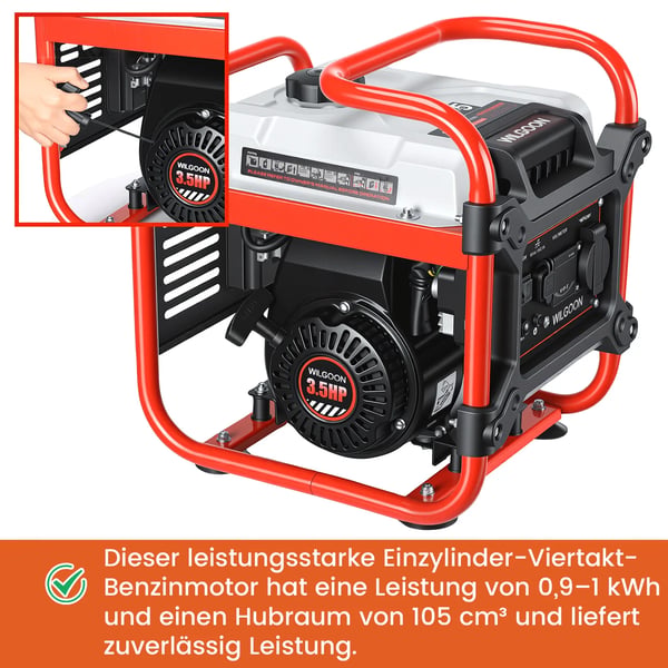 Invertergenerator, 900W Nominel Effekt, 1000W Maksimal Udgang, 230V Spænding, 16A Strøm, 4-Takts Motor