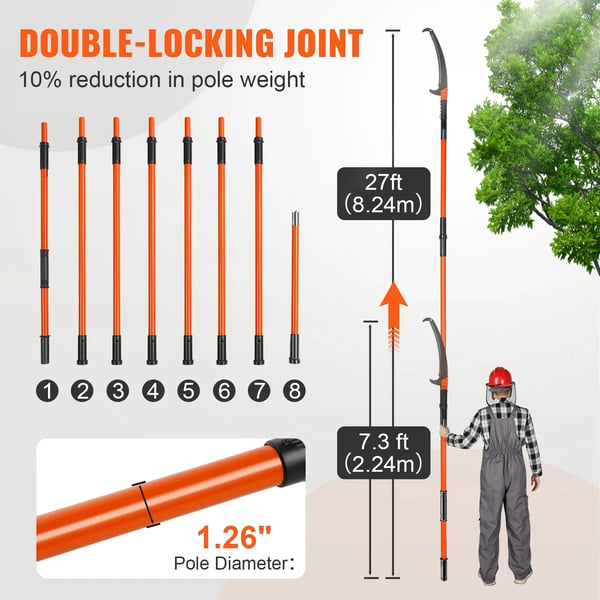 Manuel stangsav, kulstofstålblad, justerbar længde 7,3 til 27 fod, vægt 11 lbs, letvægts aluminiumslegeringshåndtag, dobbeltlås design