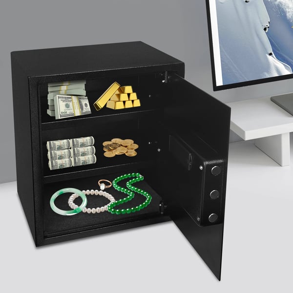 Sikkerhedsskab, 38 x 31 x 45 cm dimensioner, Robust konstruktion i stål, Triple tyverisikring, Digitalt tastatur med nøgleadgang til nødsituationer