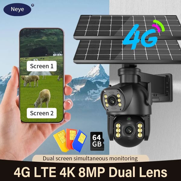 PTZ-kamera, 8MP kaksoislenssi, 4G-yhteys,8MP 64G Kortti